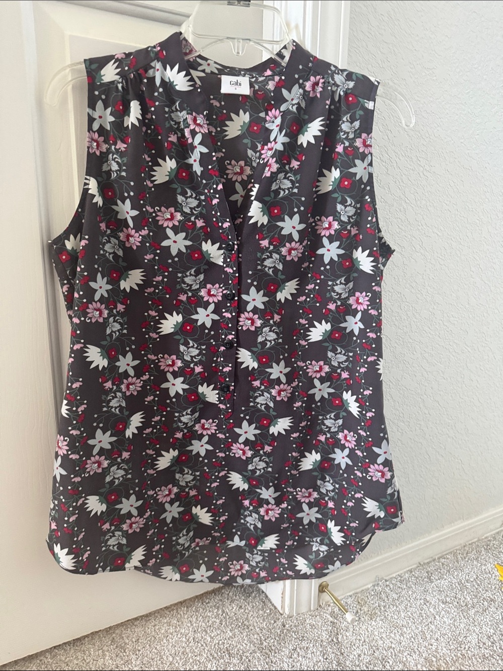 CAbi Black Floral Sleeveless V-Neck Tank with Pink and White Blooms - Picture 1 of 5